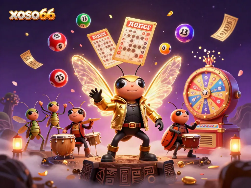 Engage with xoso66's exciting lottery scene featuring vibrant characters, dynamic lottery elements, and a festive casino atmosphere.