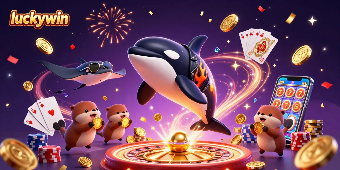 Experience thrilling wins at luckywin with orca, stingray, and otters celebrating at a vibrant casino.