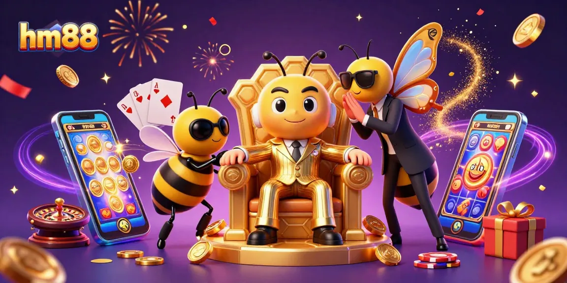Win at hm88 with vibrant slot games surrounded by animated characters in a dynamic casino scene.