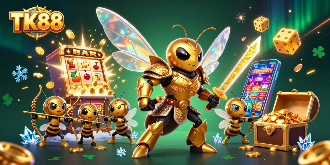 Engage with TK88's vibrant casino universe featuring dynamic slot machines and golden hornet heroes.