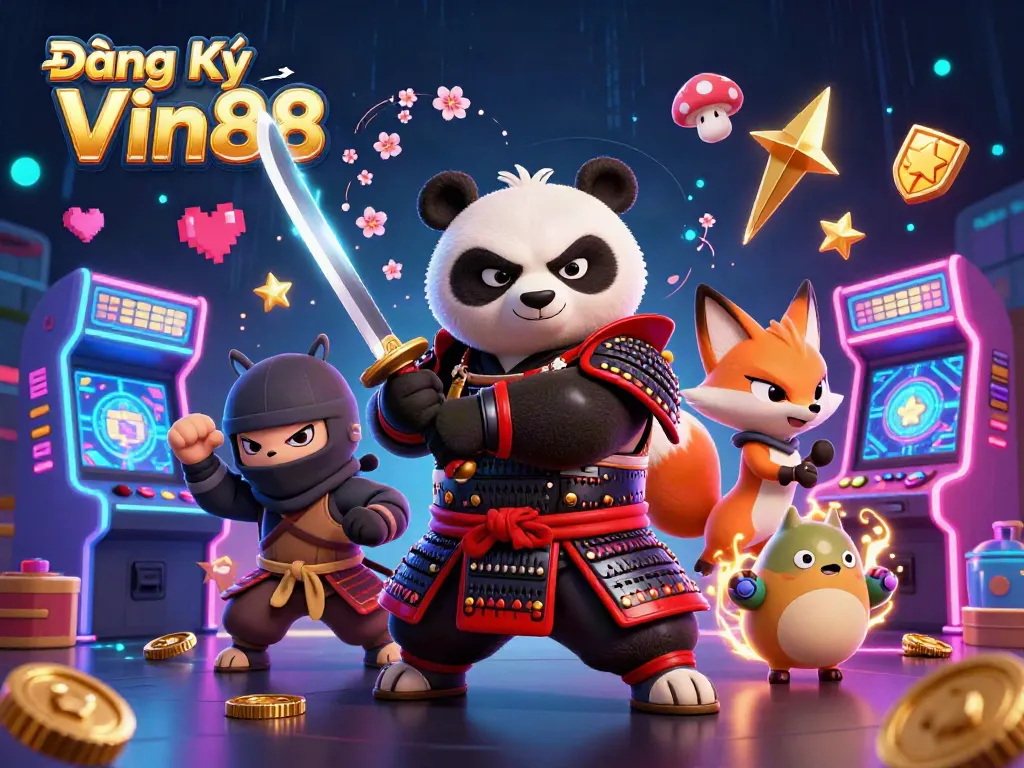 Win exciting rewards with Đăng Ký Vin88, featuring a dynamic casino illustration of vibrant characters and rich game elements.