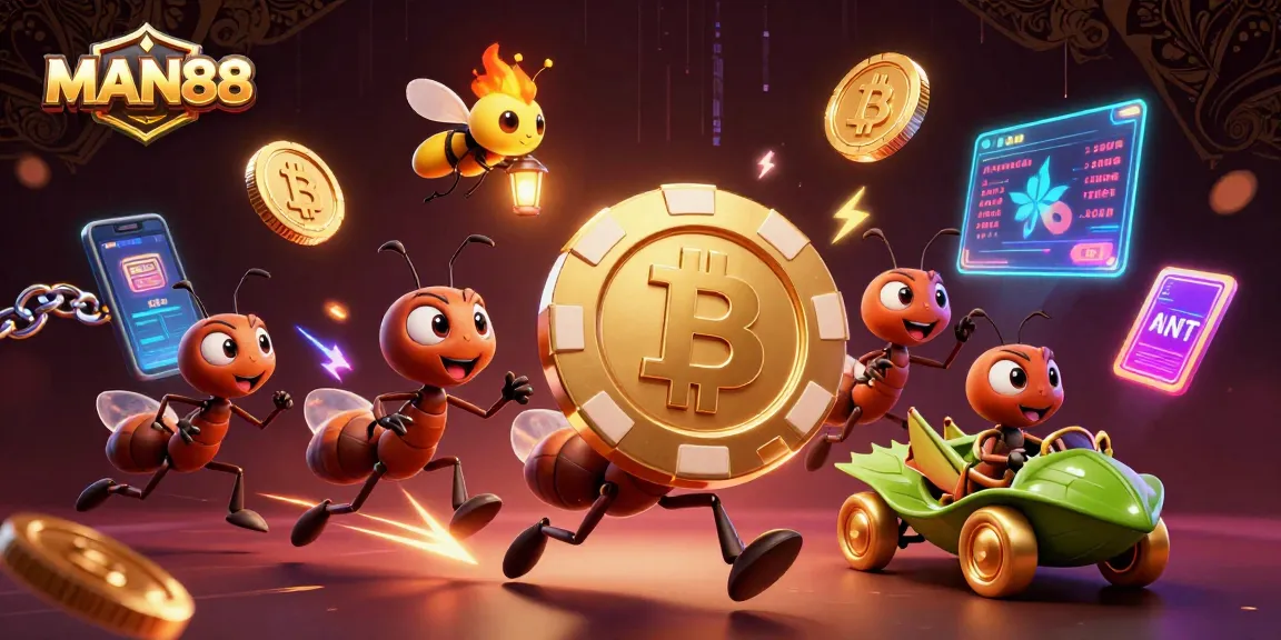 MAN88 team of ants steal a giant poker chip in a vibrant casino tunnel scene.