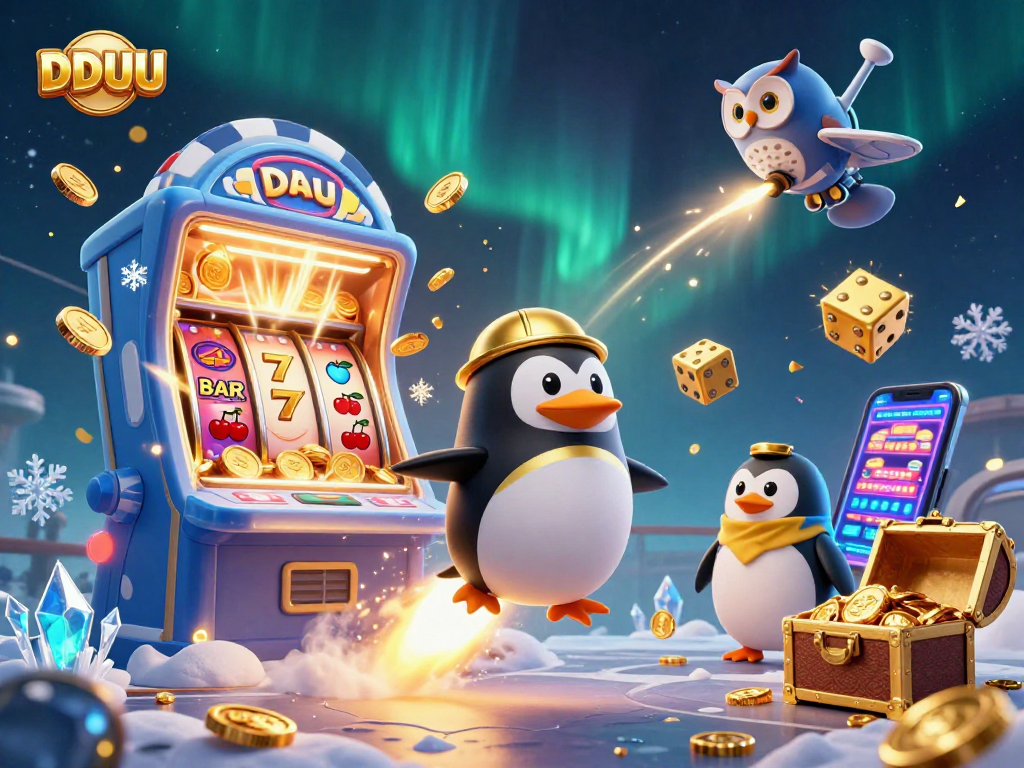 Experience DDUU's thrilling casino adventure with a golden penguin and jackpot celebrations.