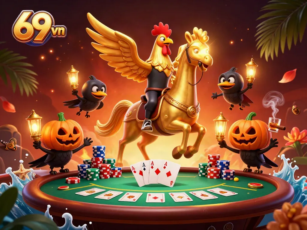 Engage in thrilling gameplay at 69 vn with golden rooster characters in an immersive casino scene.