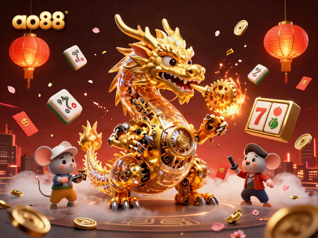 Play at ao88 with a 3D golden dragon and slot reels, surrounded by vibrant gambling elements.