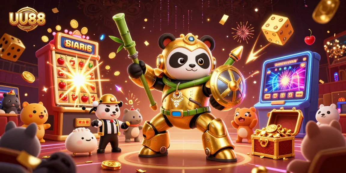 UU88 features a lively 3D panda pilot amid casino festivities, showcasing jackpot fun.