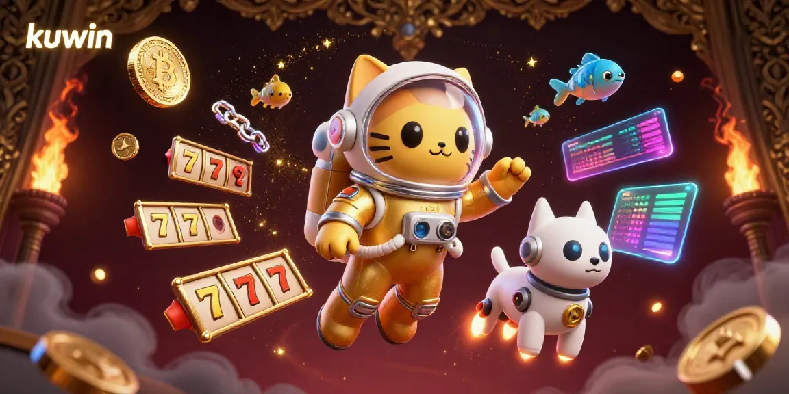 Kuwin's exciting casino adventure features an astronaut cat and robot dog amidst glowing slot machines and crypto coins.