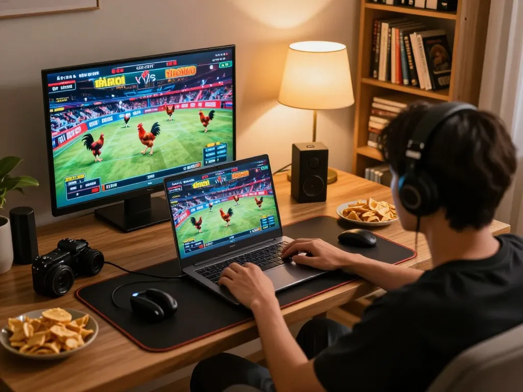 Watch live đá gà thomo matches in a cozy home online gaming setup with vibrant screen action.