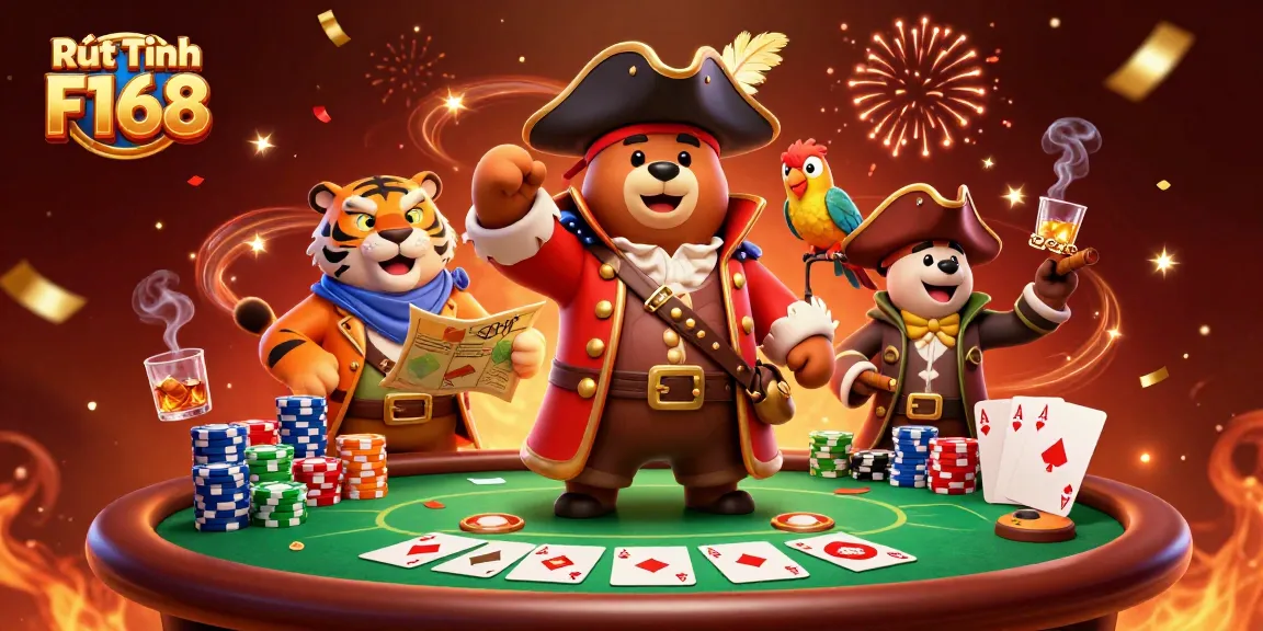 Experience Rút Tiền F168 with exciting poker and treasure elements in a vibrant casino scene.
