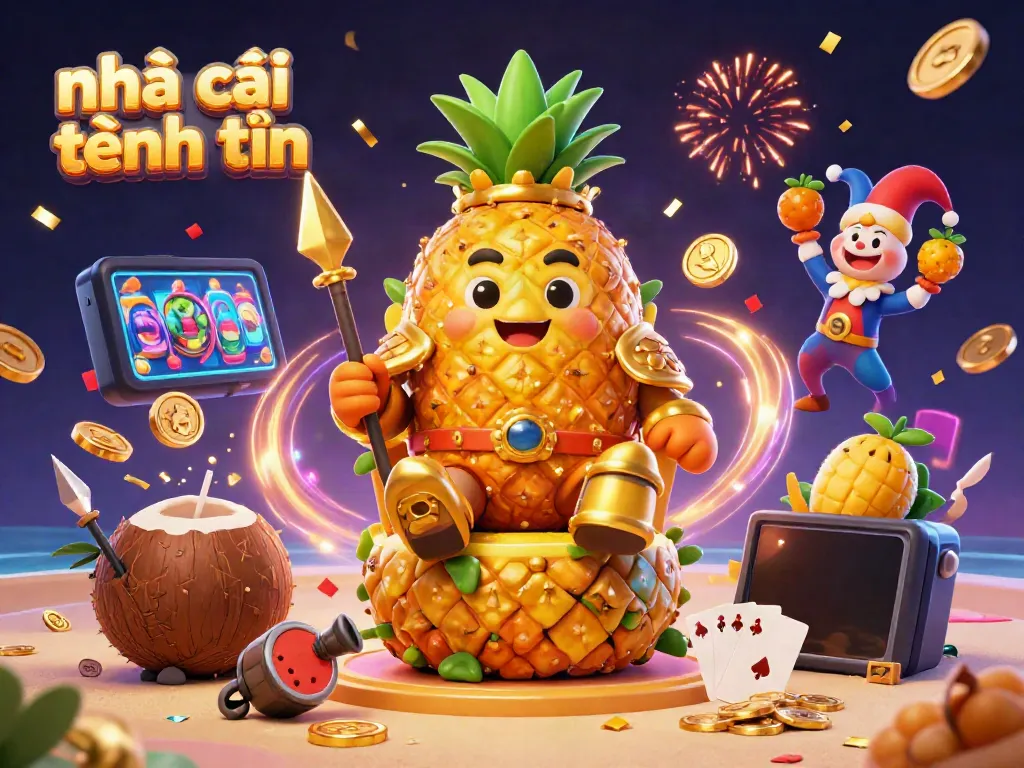 Engage with the thrilling world of nhà cái tặng tiền featuring a golden pineapple king amidst vibrant casino elements.