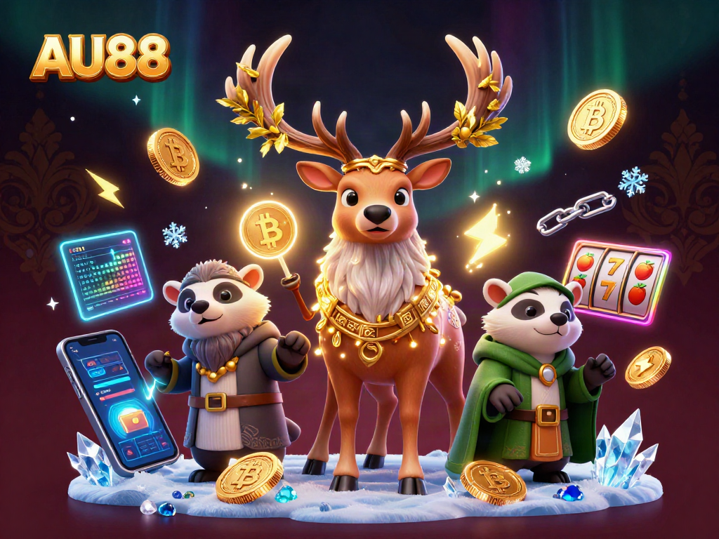 Experience AU88's dynamic gameplay with a 3D Celtic druid stag and gaming elements.