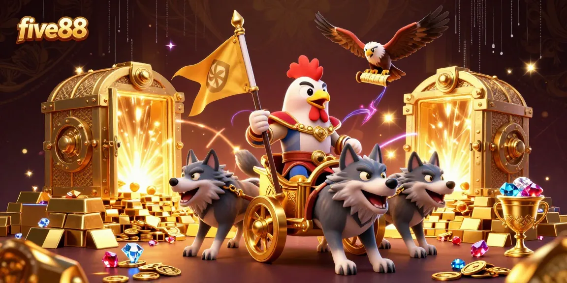 Engage in gaming excitement with five88, featuring a cartoon rooster warlord and treasure vaults.