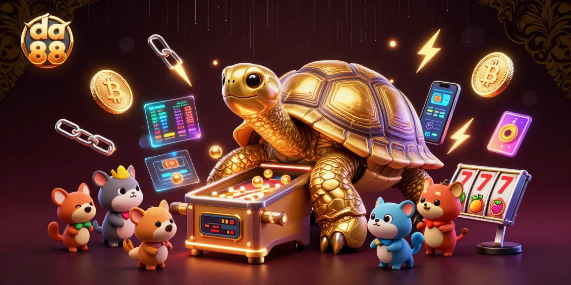 Experience da 88's vibrant casino energy with a golden tortoise pinball machine amidst crypto coins.