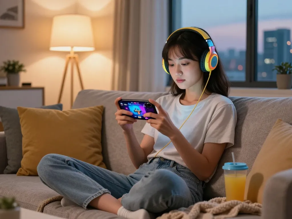 Mobile porn game scene featuring a woman enjoying a gaming experience on her smartphone in a cozy living room.