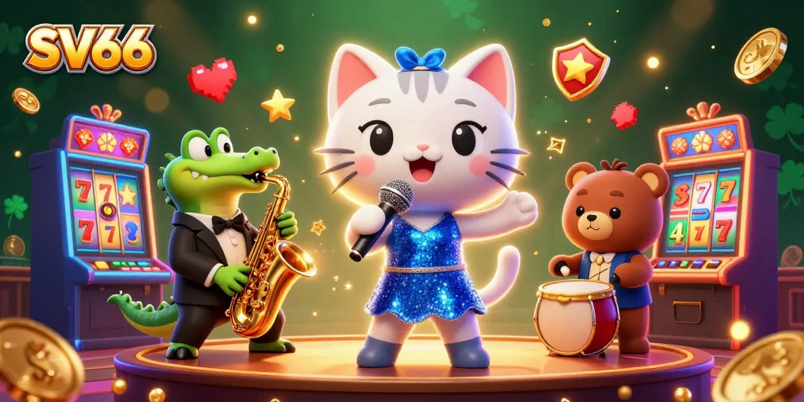 Engage with SV66's gaming excitement featuring a jazz-singer cat, crocodile, and bear in a vibrant casino scene.