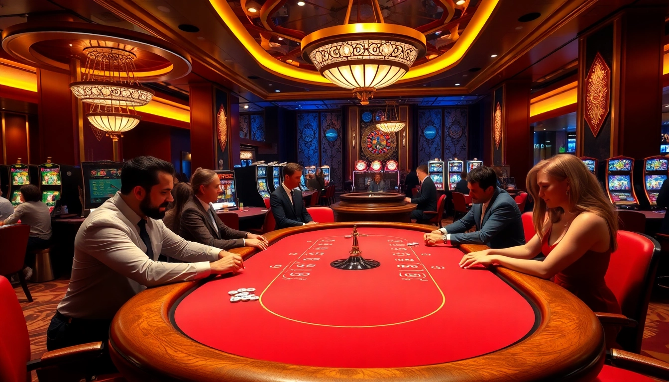 Players enjoying a high-stakes poker game at 7hh casino with excitement and luxury vibes.