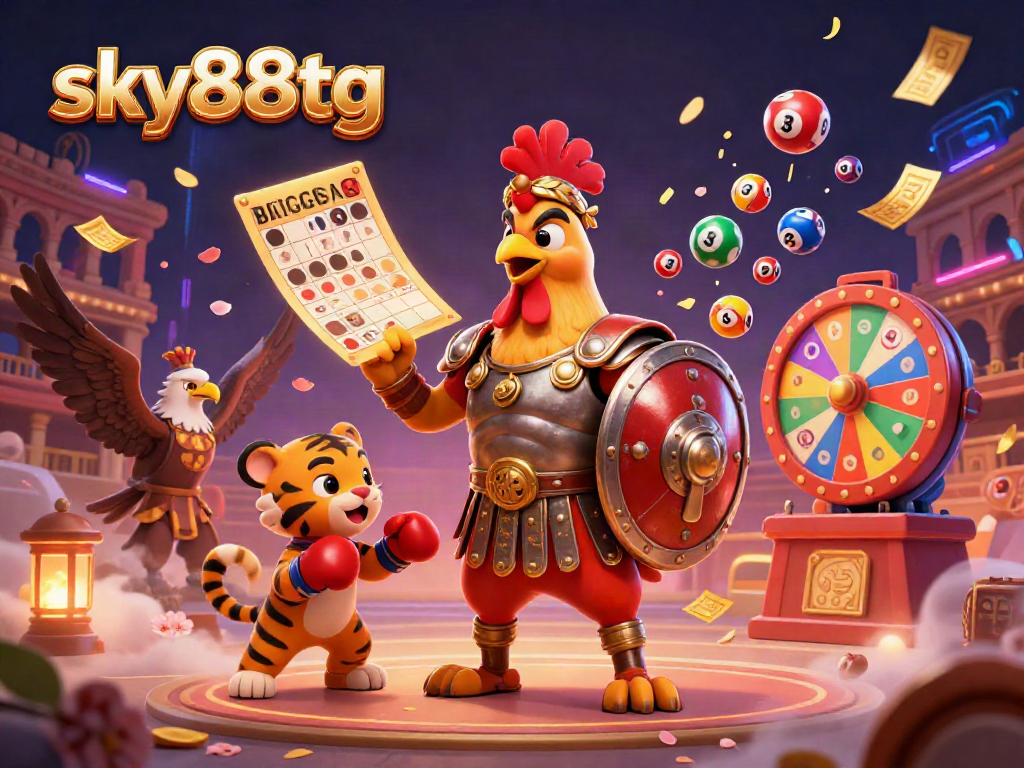Immerse in the vibrant world of sky88tg, featuring dynamic lottery games and energetic characters ready for action.
