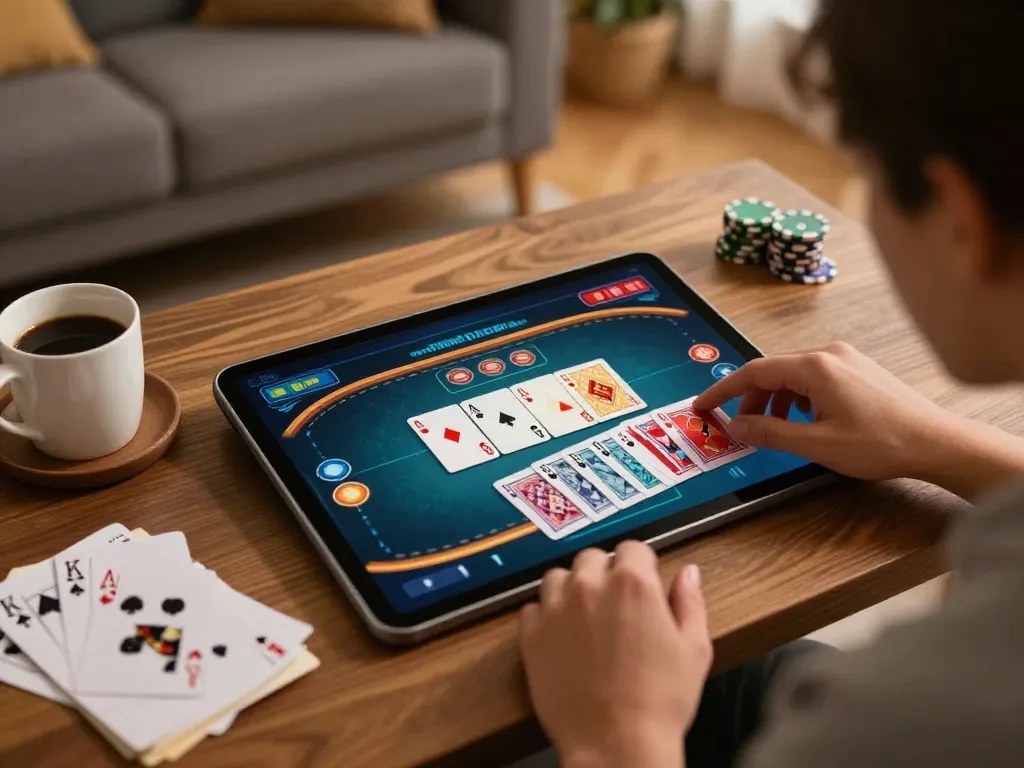 C168 player engaged in strategic poker play on tablet, with warm lighting and cozy atmosphere.