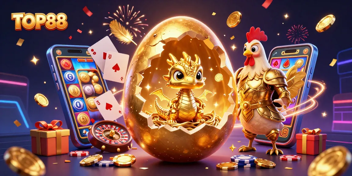 Engage with TOP88: Experience a thrilling illustration of a golden dragon and vibrant casino elements.