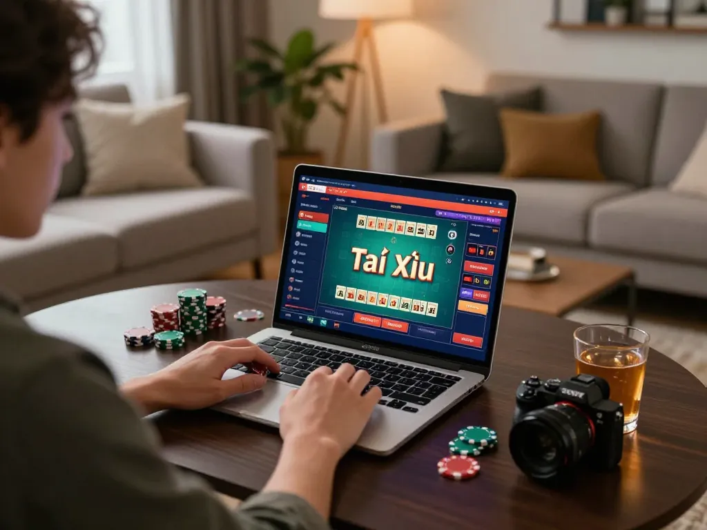 Tài Xỉu online gameplay setup with a player focused on laptop in a cozy home environment.