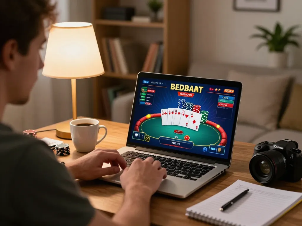 Player enjoying online poker at home with 58ff, engaging in strategic gameplay.