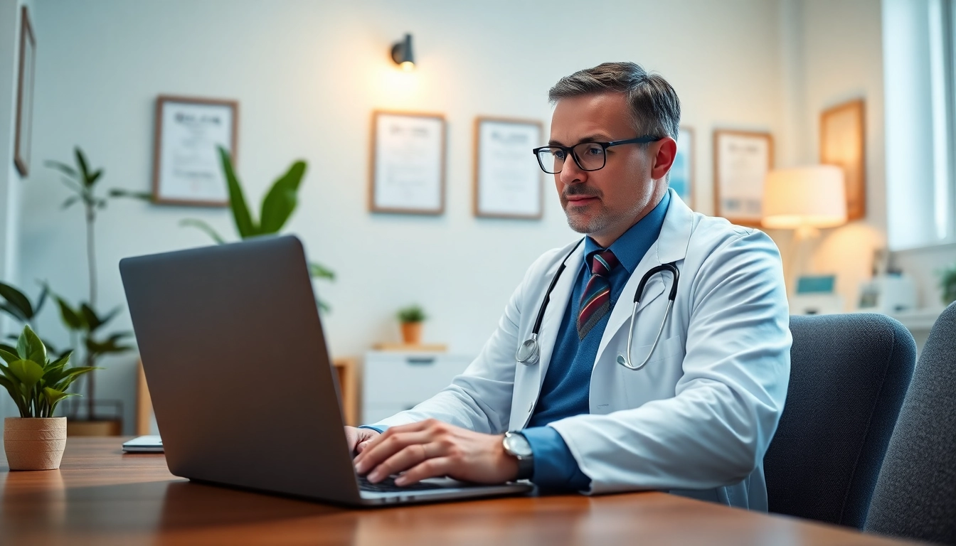 Engage with a doctor online without appointment through a friendly consultation in a home office setting.