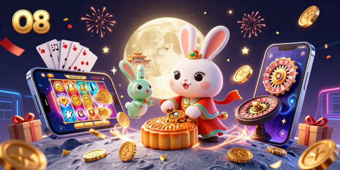 Experience O8's thrilling gaming atmosphere with dynamic poker chip-laden mooncakes and a vibrant casino scene.