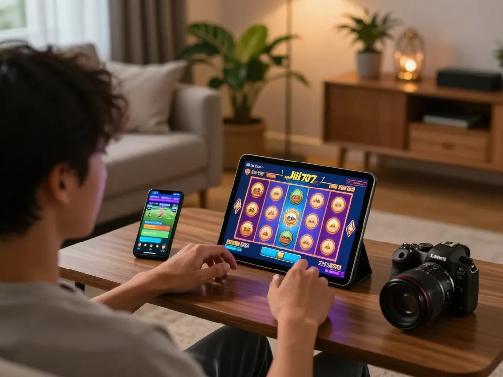 Engage with jili707's online slots while relaxing at home, showcasing an exciting gaming scene.