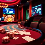 Experience the thrill of 7m gambling with luxurious poker tables and vibrant casino elements.