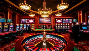 Players enjoying a thrilling game at THABET's online casino, with vibrant tables and roulette wheel.