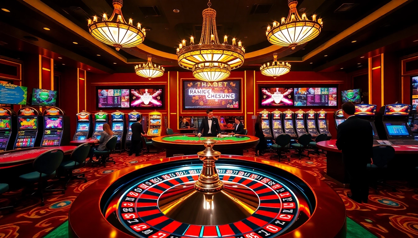 Players enjoying a thrilling game at THABET's online casino, with vibrant tables and roulette wheel.