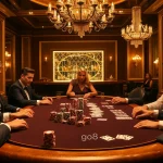 Engaged gamblers at a luxurious go8-themed poker table in a lavish casino setting.