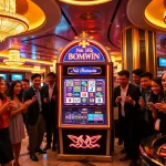 Nổ hũ bomwin slot machine surrounded by excited gamblers, showcasing vibrant casino atmosphere.
