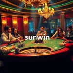 Players enjoying a thrilling poker game at a glamorous sunwin casino table filled with chips and cards.