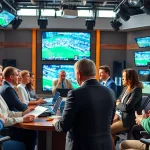 Dynamic sports broadcasting studio highlighting analysts engaged in live discussions.