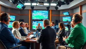 Dynamic sports broadcasting studio highlighting analysts engaged in live discussions.