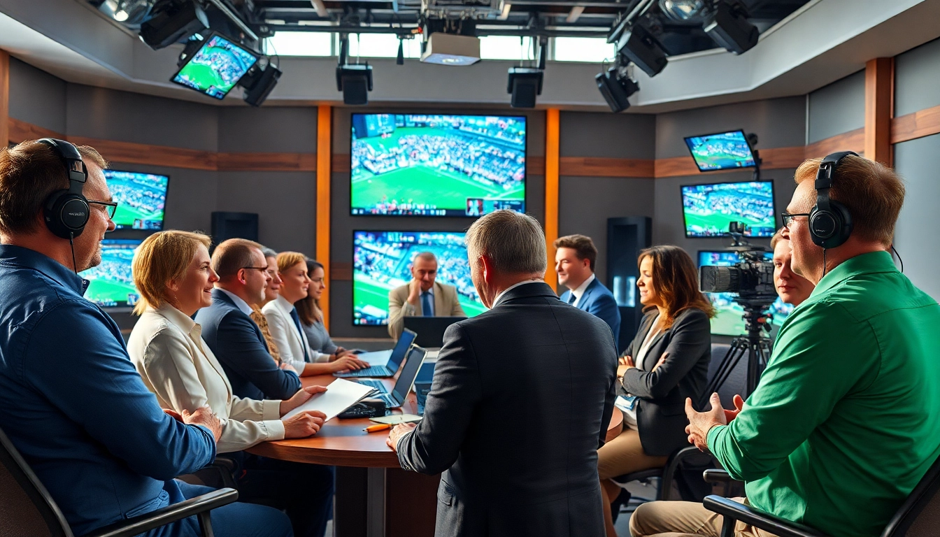 Dynamic sports broadcasting studio highlighting analysts engaged in live discussions.