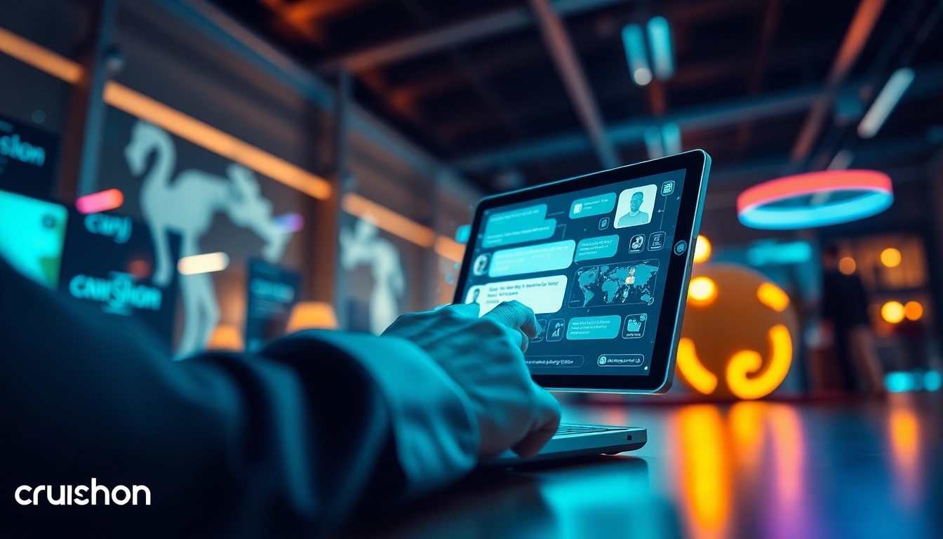 Engaging with Crushon AI chatbot on a sleek digital device in a modern, inviting setting.