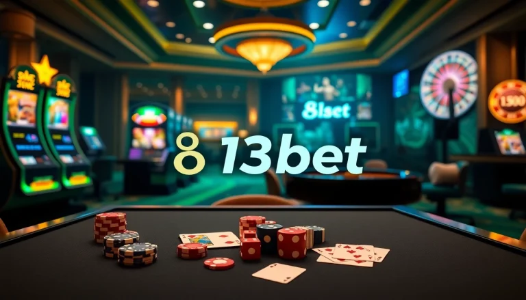 Engaging 813bet online casino scene with vibrant tables, cards, and slot machines.