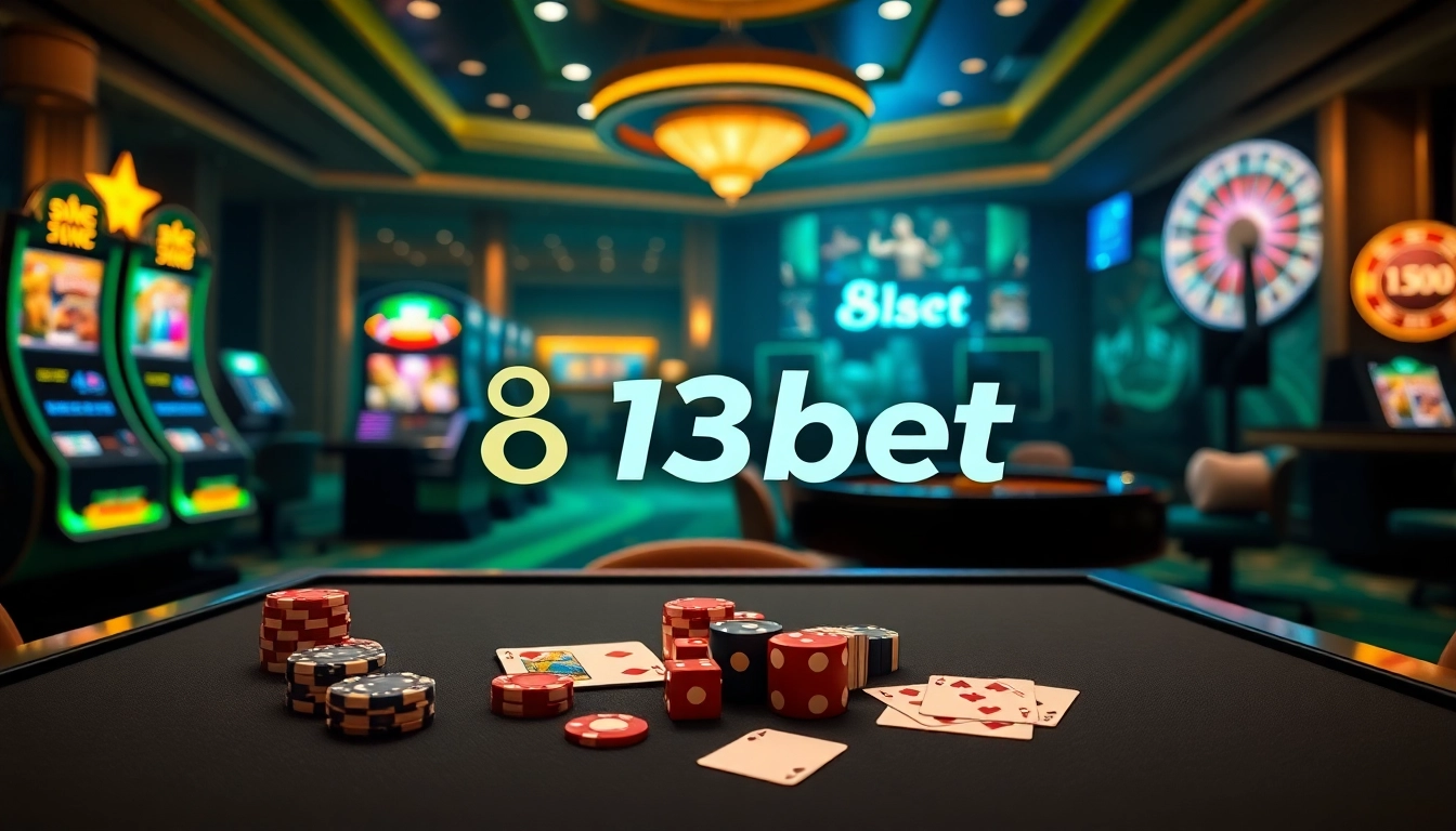 Engaging 813bet online casino scene with vibrant tables, cards, and slot machines.