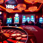 Experience high-stakes gaming at Hi88 casino with vibrant roulette tables and slot machines.