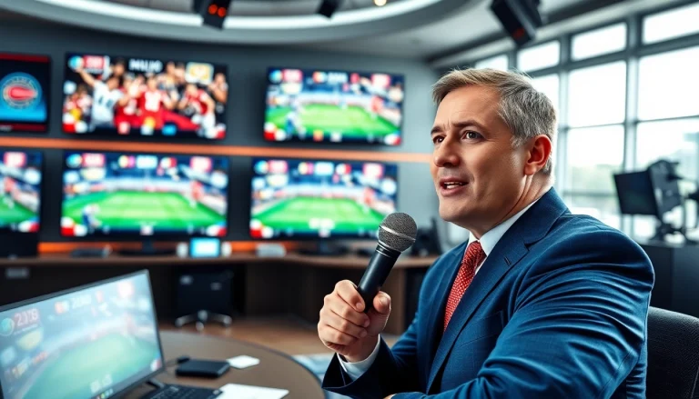 Engaging sports broadcasting scene with a broadcaster and live sports displays.