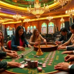 Players enjoying exciting games at a Bomwin casino, complete with vibrant roulette wheels and poker chips.