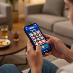 Engaging with the NK88 link on a mobile casino app while enjoying a cozy atmosphere