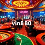 Experience high-stakes excitement at vn888 casino with vibrant poker tables and roulette wheel.