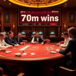 Experience high-stakes excitement at the 7m poker table with chips and cards.