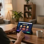 Engaged player using 22ff.br.com on tablet in a cozy home gaming setting, showcasing responsible gambling.