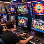 Players enjoying TR88's online gaming platforms with excitement and diverse game options in a vibrant atmosphere.