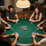 Friends competing in a lively poker game at home, enjoying a cozy atmosphere and strategic play with jogoluck.