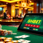 SHBET online gambling scene with vibrant casino tables and glowing poker chips